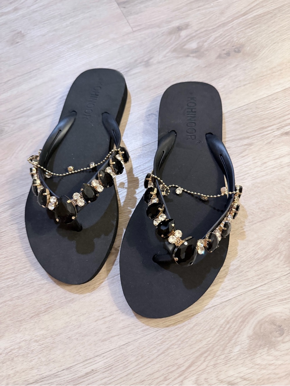 Black Jeweled Flip Flop Sandals